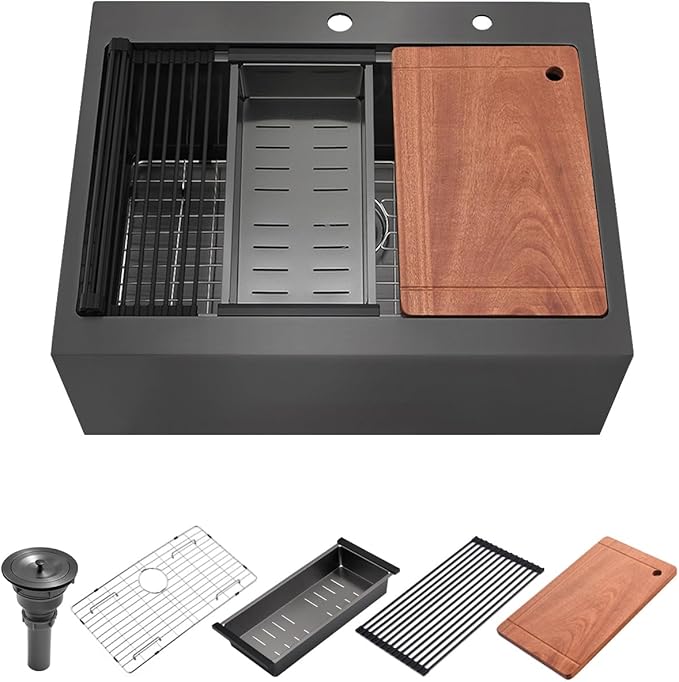 28 Black Drop In Farmhouse Kitchen Sink, Luckyhorse 16 Gauge Nano Black Stainless Steel 28x22 Inches Drop In Topmount Workstation Kitchen Farmhouse Sink With Apron Front LH008SZ