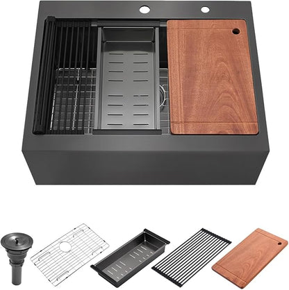 28 Black Drop In Farmhouse Kitchen Sink, Luckyhorse 16 Gauge Nano Black Stainless Steel 28x22 Inches Drop In Topmount Workstation Kitchen Farmhouse Sink With Apron Front LH008SZ