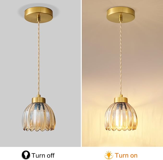 Vintage Pendant Light Fixtures Small Pendant Lighting Amber Glass Hanging Ceiling Light Flower Pendant Lights Kitchen Island for Dining Room Bedroom Living Room Hallway 3 Pack