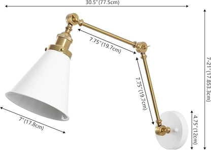 JONATHAN Y 7" White/Brass Gold Classic Industrial Metal Adjustable Arm LED Wall Sconce for Bedside Reading, Farmhouse Swing Arm Wall Lamp with Metal Shade, Hardwired (JYL7462B-SET2)