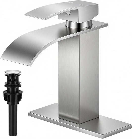 Brushed Nickel Bathroom Faucets, Waterfall Bathroom Sink Faucet Single Handle Bathroom Faucet for 1 or 3 Hole, Mixer Tap Vanity Faucet with Deck Plate, Pop-up Drain and Supply Hoses
