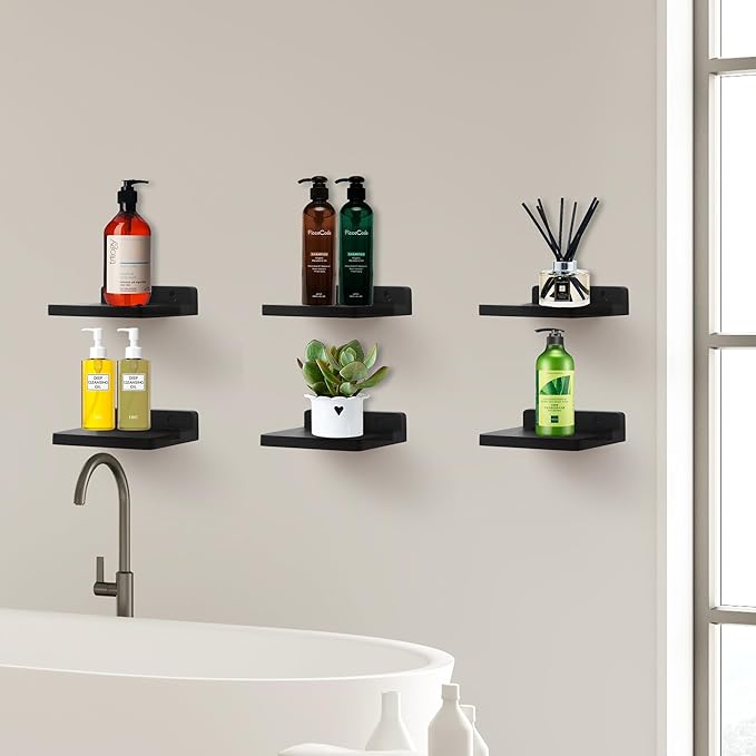 Small Floating Shelf, 5x6 Inch Display Ledges for Wall,Mini Shelves,Rustic Wood Shelf for Bedroom Living Room Bathroom Kitchen (3, Black)
