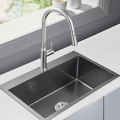 28 x 18 Inch Drop in Kitchen Sink Single Faucet Hole, 18 Gauge 304 Stainless Steel Handmade Single Bowl Topmount Kitchen Sink, Black