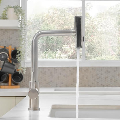 OWOFAN Kitchen Faucet with Pull Down Sprayer Waterfall Single Hole Single Handle Stainless Steel Kitchen Sink Faucets Brushed Nickel