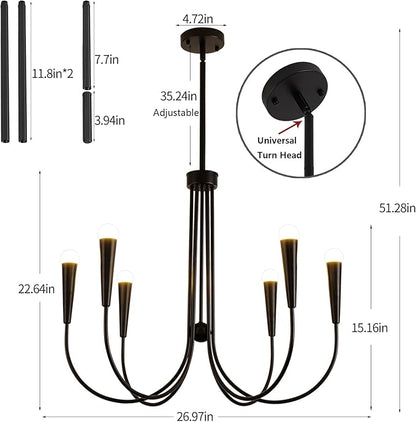 Farmhouse Chandelier,6-Lights Industrial Rustic Dining Room Pendant Light,Adjustable Hanging Candle Light Fixtures for Kitchen Island Living Room Foyer (Black-6 Lights)