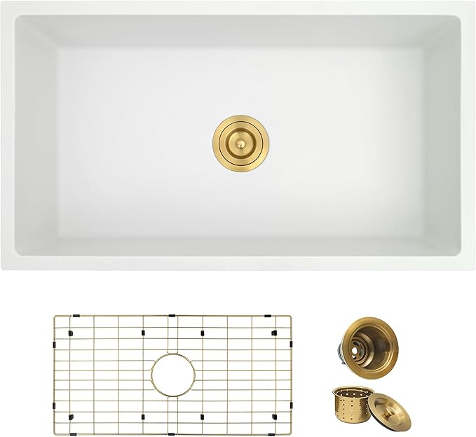 MILOSEN White Undermount Kitchen Sink, 32"x18" Granite Composite Single Bowl Kitchen Sinks, 10" Deep Large Undermount/Drop In Sink with Gold Accessories, White Quartz Kitchen Sinks for Modern Kitchen
