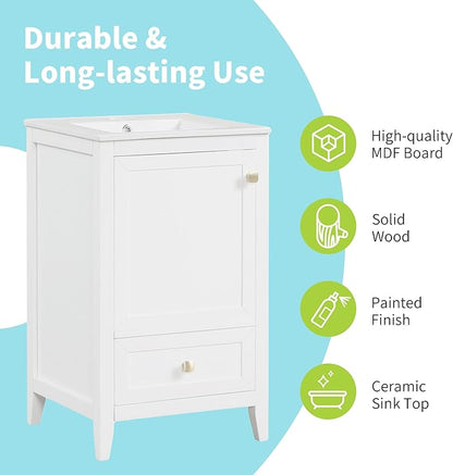 20" Bathroom Vanity with Ceramic Sink Top Set, Multi-Functional Storage Cabinet with Rack Organizer and Drawer, Soft-Closing Door, Solid Wood Frame, White