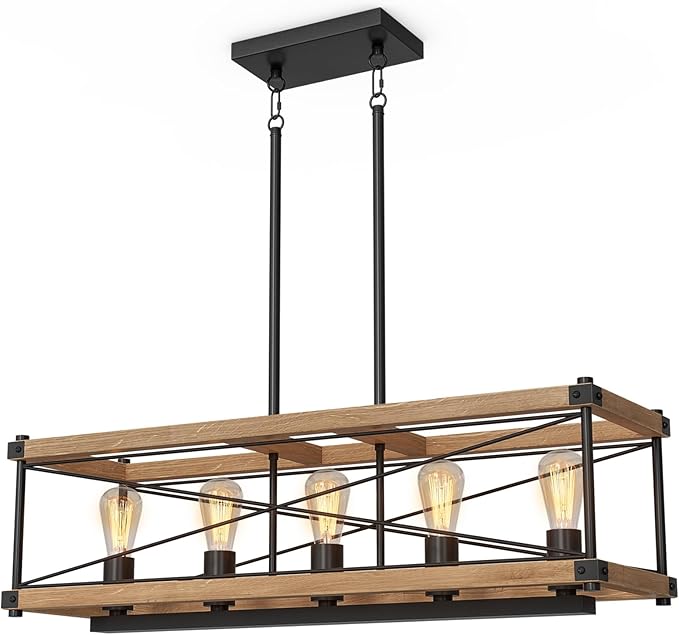 Farmhouse Kitchen Island Lighting, 5-Light Solid Wood 31.5” Dining Room Pendant Light Fixtures, Rustic Chandelier with Adjustable Height for Dining Room Kitchen Bar Pool Table (Natural Wood)