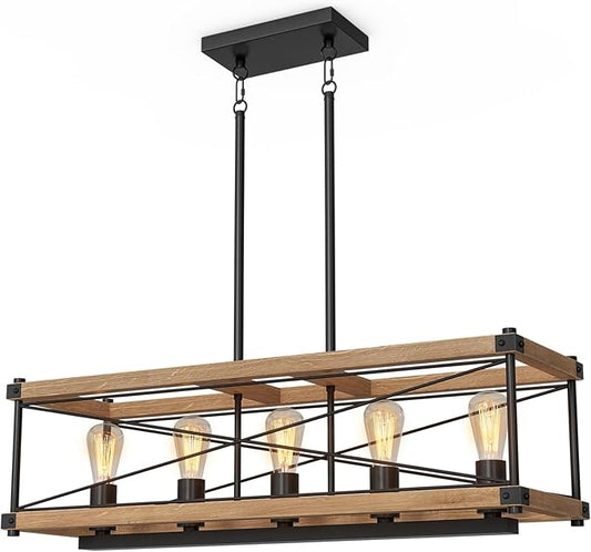 Farmhouse Kitchen Island Lighting, 5-Light Solid Wood 31.5” Dining Room Pendant Light Fixtures, Rustic Chandelier with Adjustable Height for Dining Room Kitchen Bar Pool Table (Natural Wood)