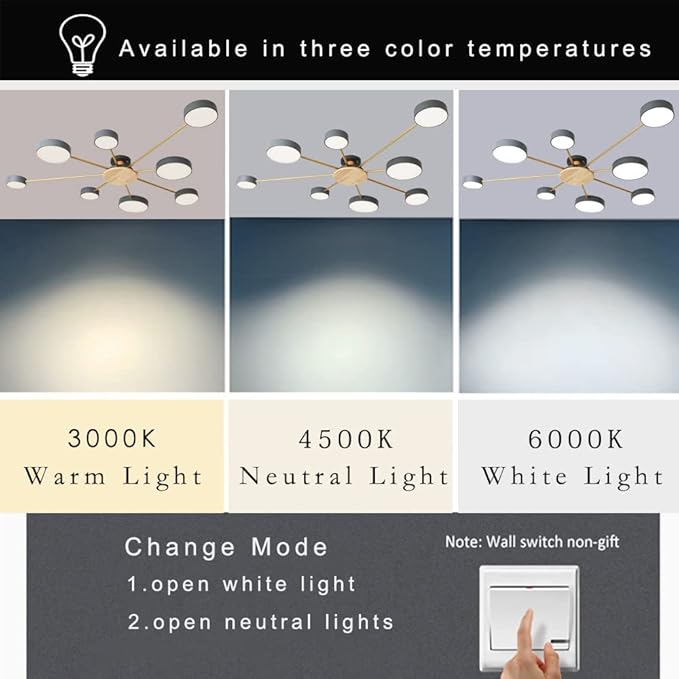 8-Lights LED Ceiling Light Fixture,48 Inch Modern Ceiling Lights Flush Mount Wooden 64W Dimmable Chandelier for Living Room Bedroom Kitchen,3000K/4000K/6000K Temperatures Selectable Grey