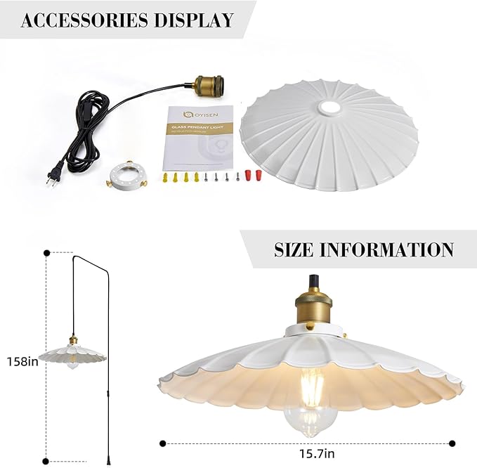 Hanging Lamp Plug in White 15.7 Inch Metal Lampshade Pendant Light Adjustable 14Ft Cord Pendant Light Plug in Living Room Bedroom Farmhouse Industrial Hanging Lights 2Pack
