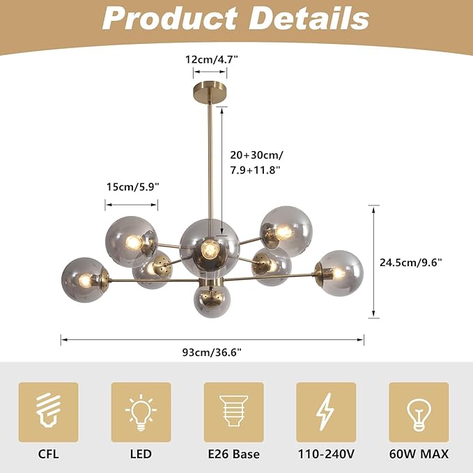 KCO Lighting 8 Light Sputnik Chandelier Gold Smoke Glass Globe Pendant Light Modern Mid Century Brushed Brass Ceiling Lighting Fixture for Living Room Foyer Hall Entryway
