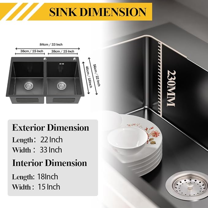 Black Double Bowl Sink - 50/50, 33x22x9-Inch Topmount - Stainless Steel - Drop In - Includes Sink Grid, Soap Dispenser, Drain Strainer