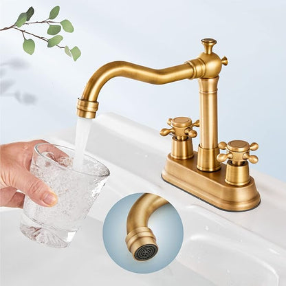 Aolemi 4 Inch Centerset Bathroom Sink Faucet Vintage 2 Cross Handle RV Mixer Tap Basin Vanity Lavatory Utility for Sink 3 Hole Include Hoses Pop Up Drain Faucet Handle Without Label Antique Brass