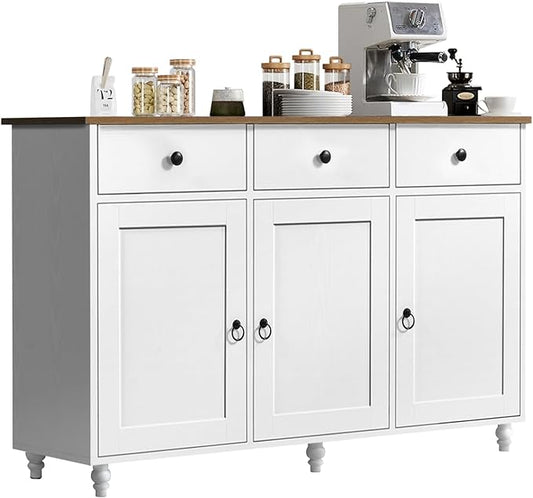 4 EVER WINNER Sideboard Buffet Cabinet with Storage, 47" Kitchen Sideboard with 3 Drawers and 3 Doors, Buffet Table for Kitchen, Modern Dining Room Cabinet, White