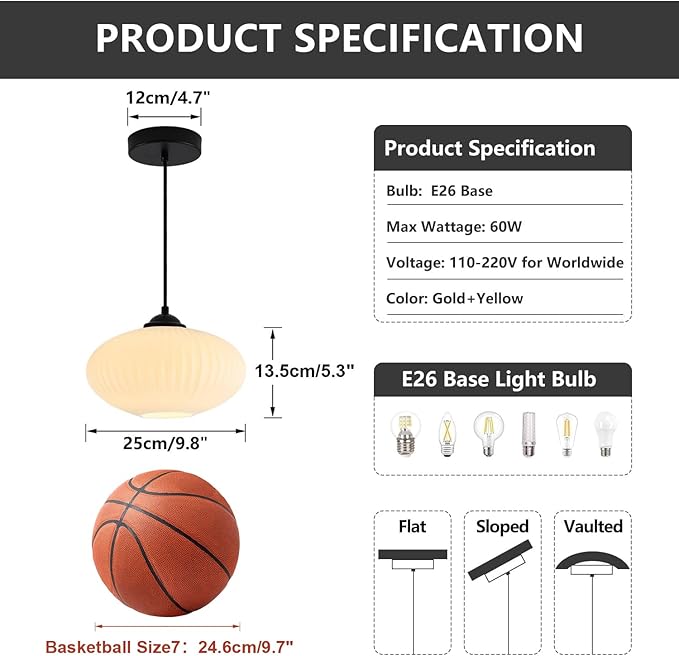 Large Milk Glass Pendant Lights Mid Century Modern Globe Pendant Lighting Black Industrial Pendant Lights Kitchen Island Vintage Ribbed Glass Ceiling Light (2 Pack)
