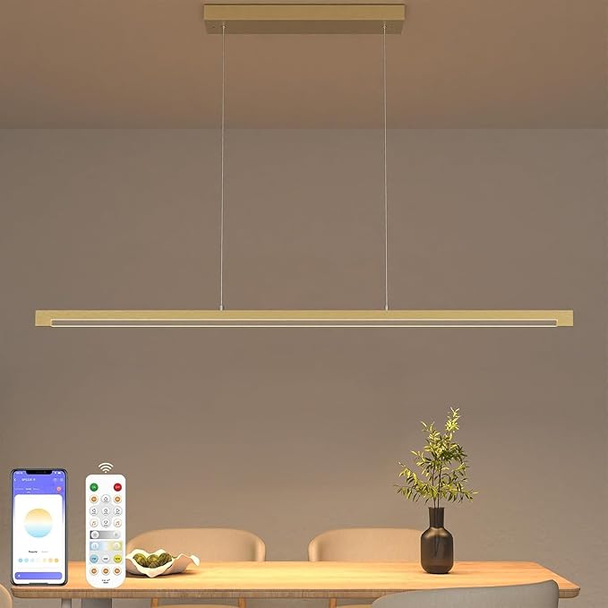 2-Pack 40W Gold Linear Pendant Light Aluminum, 54" CCT 3000K-6000K Dimmable Kitchen Island Lighting with Remote App Control, Adjustable LED Lights, Dining Room Chandelier for Home Office