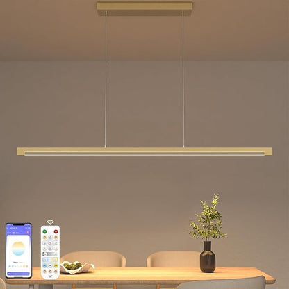 2-Pack 40W Gold Linear Pendant Light Aluminum, 54" CCT 3000K-6000K Dimmable Kitchen Island Lighting with Remote App Control, Adjustable LED Lights, Dining Room Chandelier for Home Office