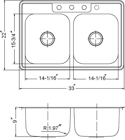 Houzer Glowtone Stainless Steel Kitchen Sink: 33 Inch Drop-in Topmount 4-Hole 50/50 Double Bowl, Durable & Versatile, Essential for Home & Apartment: 3322-9BS4-1