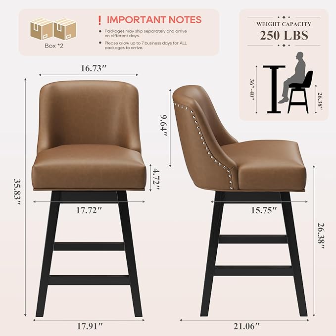 MALOL Swivel Bar Stools Set of 4, 27" Counter Height Kitchen Stools with Padded Seats and Solid Wood Legs, Upholstered Barstools for Kitchen Island, Breakfast Nook (Brown)