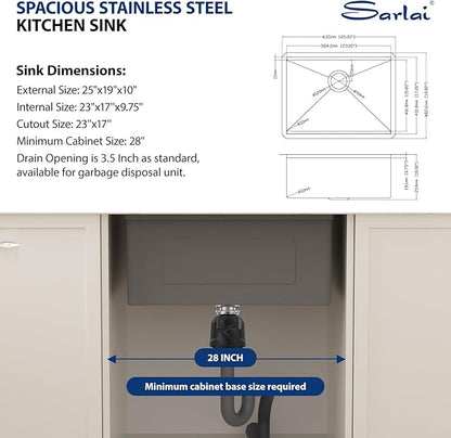 Sarlai 25 Inch Black Kitchen Sink Undermount - 25"x19" Undermount Sink Ledge Workstation Stainless Steel Gunmetal Black 16 Gauge Deep Single Bowl Under Counter Kitchen Sinks with Accessories