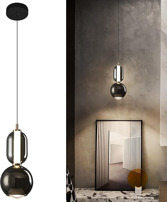 Modern Glass Pendant Light, Black Pendant Lighting LED Dimmable, Adjustable Pendant Lights Kitchen Island Dinning Room,Bedroom,Bar, Kitchen Island Ceiling Hanging Light Fixtures(1-Pack)