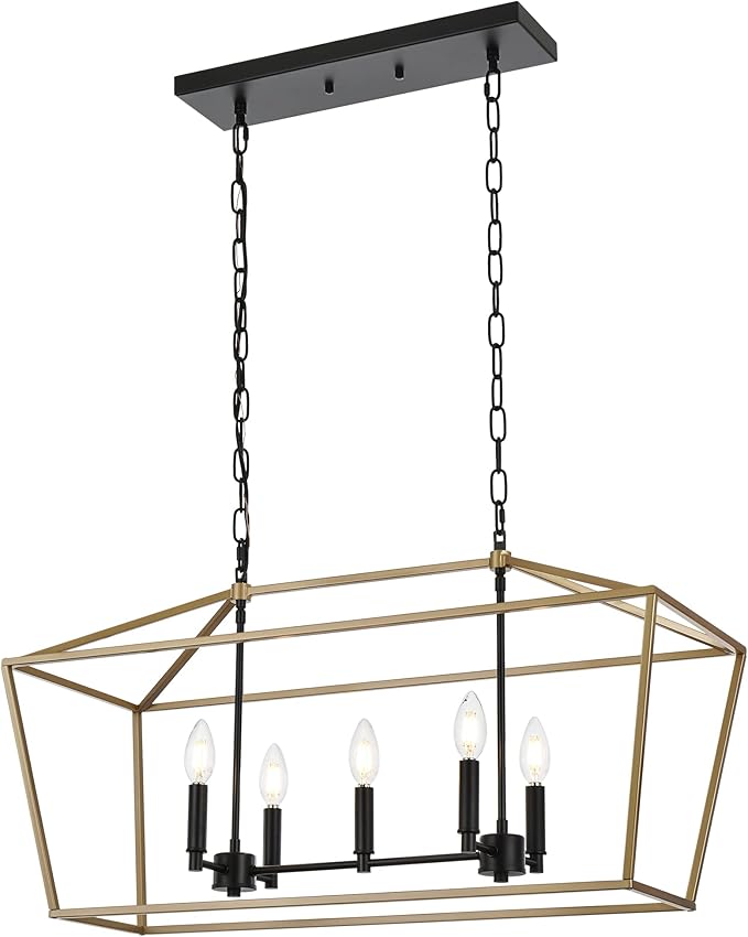 5-Light Kitchen Island Chandelier, Large Farmhouse Linear Pendant in Black and Gold, Vintage Lantern Hanging Light Fixture for Dining Room Over Table, Height Adjustable