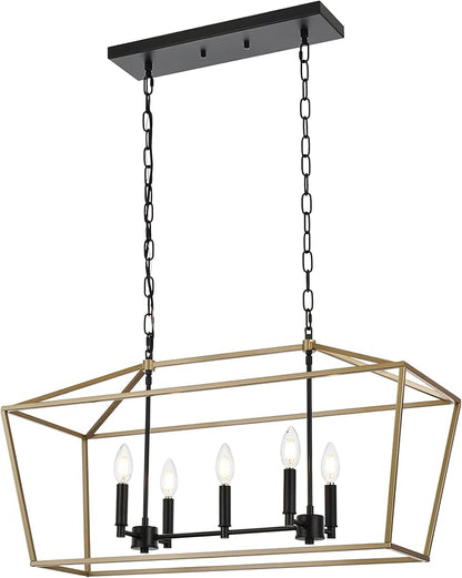 5-Light Kitchen Island Chandelier, Large Farmhouse Linear Pendant in Black and Gold, Vintage Lantern Hanging Light Fixture for Dining Room Over Table, Height Adjustable