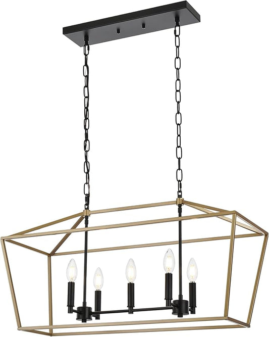 5-Light Kitchen Island Chandelier, Large Farmhouse Linear Pendant in Black and Gold, Vintage Lantern Hanging Light Fixture for Dining Room Over Table, Height Adjustable