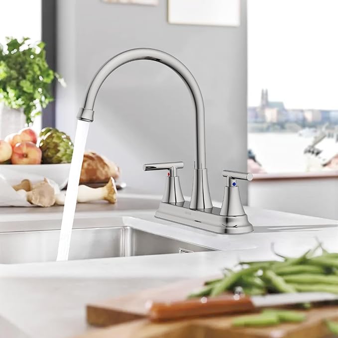 HURRAN 2 Handle Kitchen Sink Faucet, 8 Inch High Arc 360°Swivel Kitchen Sink Faucet, 3 Hole Kitchen Faucet Without Side Sprayer, Centerset RV Kitchen Faucet with Stainless Steel Pipe, Chrome