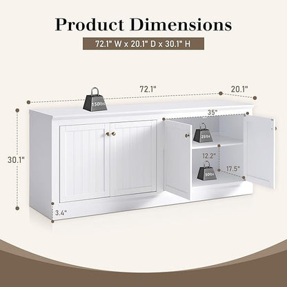 AMERLIFE 72" Farmhouse Sideboard Buffet Cabinet with Barn Doors, Storage Console Table with Adjustable Shelves, Coffee Bar/TV Stand for Living Room, Kitchen, Entryway, White