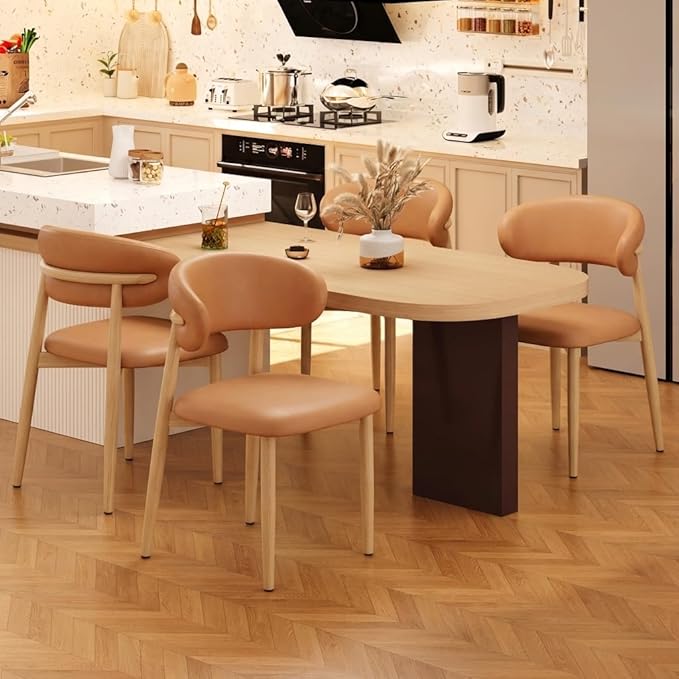 Kitchen Dining Chairs Set of 6 Modern Upholstered Leather Farmhouse Dining Room Chair with Metal Legs, Brown/Original