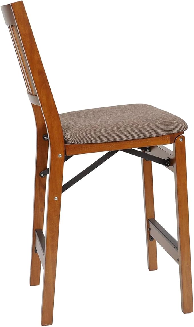MECO Stakmore Solid Wood Dining Table Counter Stools Set - Fabric Padded Upholstered Seat & Steel Folding Mechanism, Fruitwood Frame & Jax Fabric