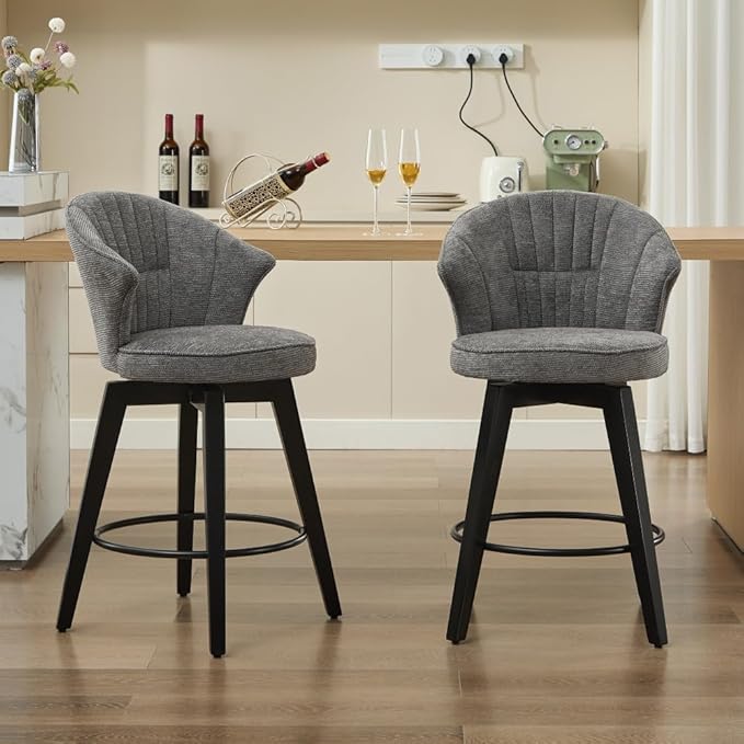 Set of 2 Counter Height Swivel Bar Stools, Chenille Upholstered Chairs with Wide Backrest for Bar, Kitchen Island, Dining Room, Dark Grey (Dark Grey + Chenille + Foam)