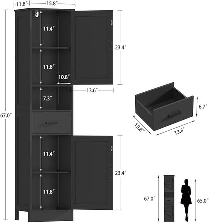 TEENFON Tall Bathroom Storage Cabinet with Barn Doors, Narrow Bathroom Cabinet with Drawer, Narrow Storage Unit, Adjustable Shelves, Floor Cabinets for Living Room, Entryway, Kitchen, Black