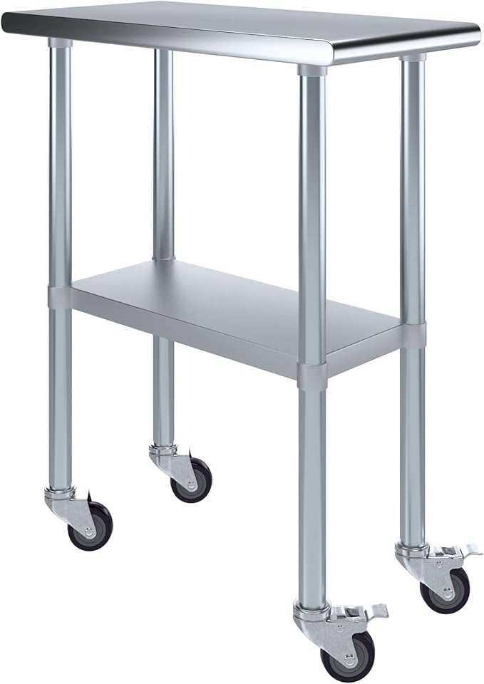 Stainless Steel Work Table with Wheels | NSF Kitchen Island Food Prep | Laundry Garage Utility Bench (Table + Wheels, 15" Long x 30" Deep)