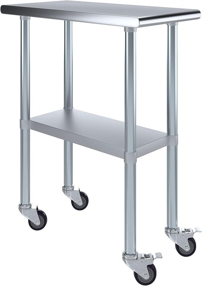 Stainless Steel Work Table with Wheels | NSF Kitchen Island Food Prep | Laundry Garage Utility Bench (Table + Wheels, 15" Long x 30" Deep)