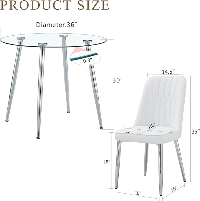 Glass Dining Table and Chair Set with 2 White PU Cushion Chairs, 36 Inch Diameter Round Table with Silver Metal Legs, Industrial Minimalist Style for Dining Room and Kitchen