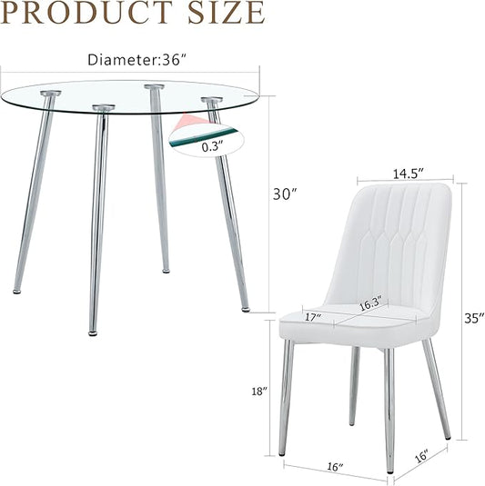Glass Dining Table and Chair Set with 2 White PU Cushion Chairs, 36 Inch Diameter Round Table with Silver Metal Legs, Industrial Minimalist Style for Dining Room and Kitchen
