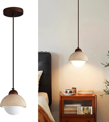 Japanese Wabi sabi Pendant Light with Natural Stone Shade, Dimmable Modern Wood Hanging Lamp Fixture, Adjustable Height Pendant Lamp for Bedroom, Kitchen Island, Dining Room, Restaurant, Cafe, Bar (D)