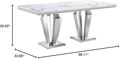 Modern Dining Table for 6-8, 68 Inch White Marble Kitchen Table with Silver Mirrored Dimaond Design Legs, Luxurious Rectangular Faux Marble Dining Room Table for Dining Room,Living Room