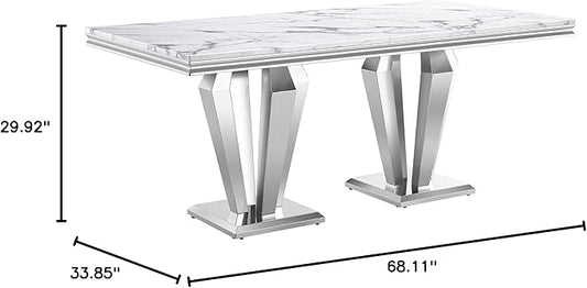 Modern Dining Table for 6-8, 68 Inch White Marble Kitchen Table with Silver Mirrored Dimaond Design Legs, Luxurious Rectangular Faux Marble Dining Room Table for Dining Room,Living Room