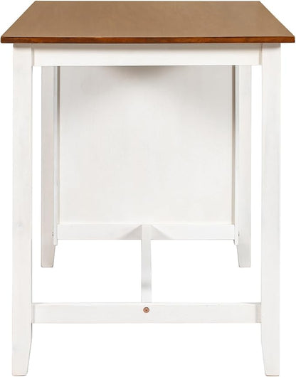 Counter Height Bar Table Set of 5, Rustic Farmhouse Cushion Chairs with X Backs and Footrest for Kitchen,Dinning Room (Walnut Tabletop+White Frame+Beige Fabric)