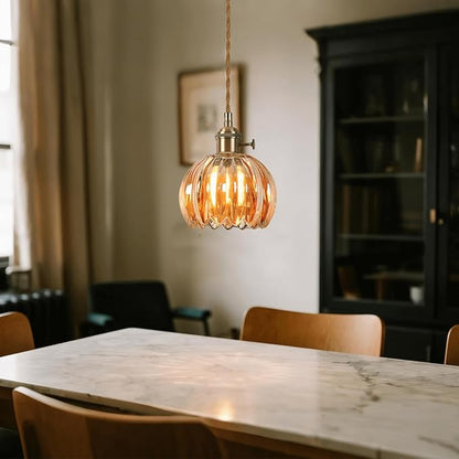 Mini Flower Hanging Lamp Plug in Pendant Light Fixtures, 15Ft Amber Glass Pendant Lights Kitchen Island Dining Room Bedroom Living Room, LED Bulb Included
