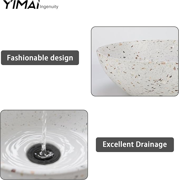 YIMAI Terrazzo Vessel Sink with Faucet and Drain, 15.7" Round Concrete Bathroom Sink Above Counter, Modern Artisanal Wash Basin Bowl with Matte Finish, Easy Install Combo Set for Vanity