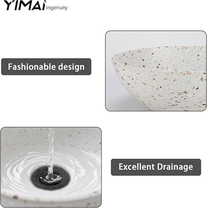 YIMAI Terrazzo Vessel Sink with Faucet and Drain, 15.7" Round Concrete Bathroom Sink Above Counter, Modern Artisanal Wash Basin Bowl with Matte Finish, Easy Install Combo Set for Vanity