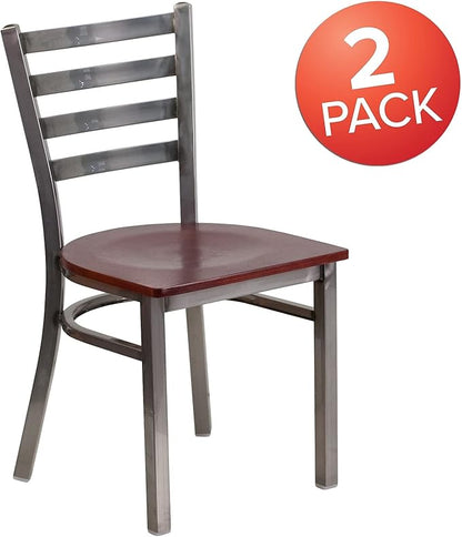 Flash Furniture 2 Pk. HERCULES Series Clear Coated Ladder Back Metal Restaurant Chair - Mahogany Wood Seat
