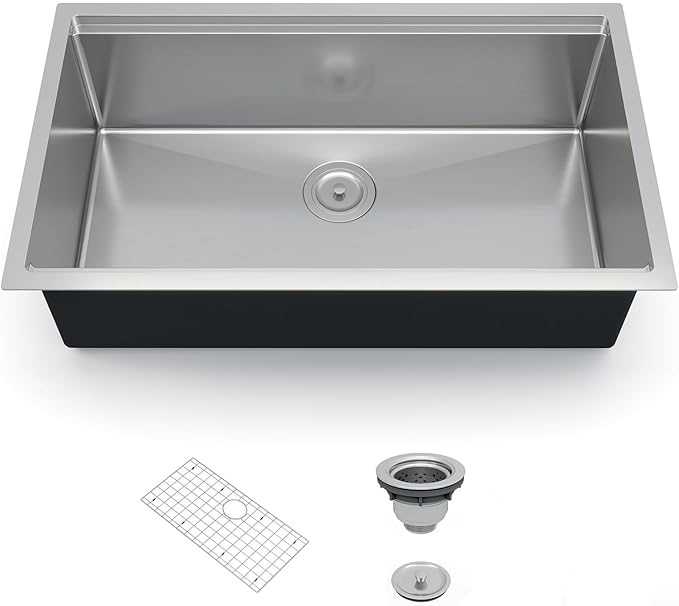 GarveeTech Undermount Kitchen Sink 33 x 19 x 10 Inch, Single Bowl Workstation Stainless Steel Sink with Integrated Ledge, Brushed Finish, Includes Bottom Grid & Drain Assembly