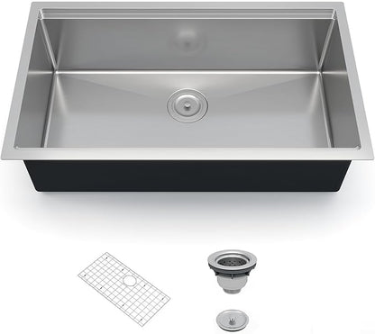 GarveeTech Undermount Kitchen Sink 33 x 19 x 10 Inch, Single Bowl Workstation Stainless Steel Sink with Integrated Ledge, Brushed Finish, Includes Bottom Grid & Drain Assembly
