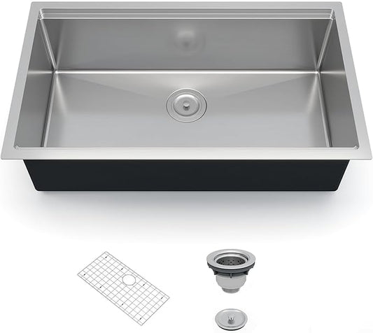 GarveeTech Undermount Kitchen Sink 33 x 19 x 10 Inch, Single Bowl Workstation Stainless Steel Sink with Integrated Ledge, Brushed Finish, Includes Bottom Grid & Drain Assembly